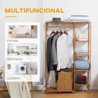 HOMCOM Perchero de Pie de Bambú Perchero para Ropa con Estantes de Almacenamiento y Varilla Colgante 90x30x145 cm Natural(m-5)