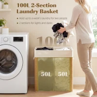 HOMCOM 2 Section Laundry Basket with Lid, 100L Bamboo Laundry Hamper with Handles, Removable and Washable Liner, Brown(m-4)