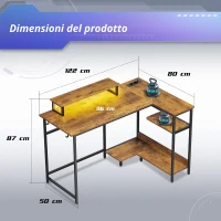 Scrivania angolare a L con LED RGB, ripiani aperti, alzata monitor ergonomica, 122x80x87,5 cm, Marrone(m-3)