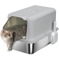 PawHut Kattenbak, Bak van roestvrij staal, Filter, Schep, voor katten tot 6 kg, 40,5 x 60,5 x 41,5 cm, Grijs/Zilver(m-11)