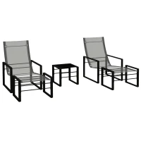 Outsunny Salon de jardin 5 pièces 2 places avec 2 fauteuils, 2 repose-pied et 1 table, métal noir, assise tissu mesh gris(m-11)