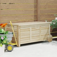 Outsunny Baule da Esterno 185L a 2 Ruote con Telo Interno e Coperchio, in Legno di Abete, 110x50x50 cm, color Legno(m-8)