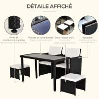 Outsunny Ensemble salon de jardin encastrable 2 fauteuils monoblocs + 2 tabourets + table basse résine tressée 4 fils coussins déhoussables crème noir(m-6)
