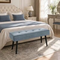 HOMCOM Upholstered Bedroom Entryway Bench, Modern Corduroy Tufted End of Bed Bench with Padded Seat and Steel Legs, Blue(m-2)