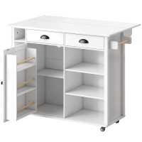 HOMCOM Isla de Cocina con Ruedas Tapa Abatible Estantes en la Puerta Toallero Armario 2 Cajones 117,5x70x91 cm Blanco