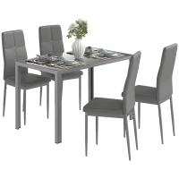 HOMCOM Conjunto de Comedor de Mesa y 4 Sillas 5 Piezas Mesa Rectangular de Vidrio Templado y Sillas Tapizadas en PU Gris(m-10)