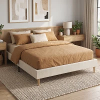 HOMCOM Cadru de pat 160 x 200 cm cu somieră, pat dublu tapițat din catifea moale, cu model striat, crem(m-5)