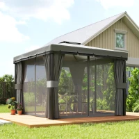 Outsunny Gazebo ca. 3x3m Waterafstotend Stabiel Winterbestendig Tuinpaviljoen met Dubbel Dak Rits-Muggennetten(m-8)