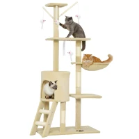 PawHut krabpaal kattenboom met hol, 4 speeltjes, sisalstammen, groot platform, trap, voor katten onder 5 kg, Beige(m-11)