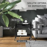 HOMCOM Servantă de bucătărie cu coș, sertar extensibil și 3 cârlige, din PP și metal, 61x32.6x58.5 cm, negru(m-4)
