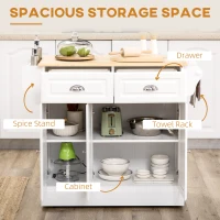 HOMCOM Kitchen Island with Storage Rolling Kitchen Serving Cart with Rubber Wood Top Towel Rack Storage Drawer Cabinet White(m-4)