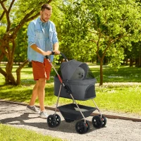 PawHut 3-in-1 Huisdierenwagen, inklapbare hondenkar met 4 wielen en afneembare draagtas voor honden en katten, Grijs(m-2)