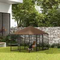 PawHut Țarc pentru câini din metal și material Oxford cu ușiță pentru boluri, 211x141x151 cm, negru și maro(m-10)