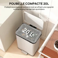 HOMCOM Poubelle de Cuisine 20 L en Métal, Poubelle avec Pédale, Couvercle à Fermeture Douce, Crème(m-4)