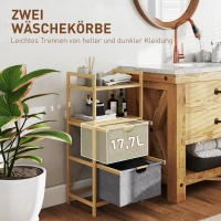 HOMCOM Bamboe Wasrek met 2 Stoffen Wasmanden, Open Planken, Ruimtebesparend, Natuurhout(m-4)