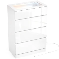 HOMCOM High Gloss 4 Drawer Chest of Drawers with Glass Top and RGB LED Lights, Dresser with Jewelry Organizer, APP Control(m-1)
