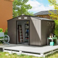 Outsunny 9 x 6ft Metal Garden Shed, Outdoor Storage Tool House with Ventilation Slots, Foundation Kit and Lockable Double Doors, Brown(m-8)