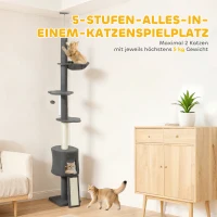 PawHut Krabpaal, hol, hangmat, verstelbare hoogte, krabpaal met stofbekleding, Grijs(m-6)