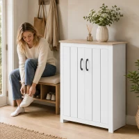 HOMCOM Schuhschrank 4 Ebenen 12 Paar Schuhschrank 2 Türen und verstellbare Einlegeböden 80x32,8x105cm Eiche und Weiß(m-6)