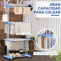 HOMCOM Tendedero Vertical Plegable con Ruedas Tendedero de Ropa de 3 Niveles con Alas Plegables 125x64x172 cm Azul y Blanco(m-4)