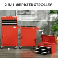 DURHAND 2-in-1 Gereedschapswagen, mobiel, 3 laden, gereedschapsbord, stalen behuizing, 46L x 28B x 94H cm, Rood(m-4)