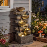 Outsunny Fuente de Jardín con Iluminación LED Bomba Fuente Decorativa en Cascada de 5 Niveles Flujo Ajustable Marrón Rústico(m-10)