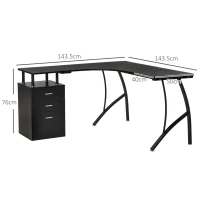 HOMCOM L-Shaped Computer Desk Table with Storage Drawer, Home Office Desk Corner Industrial Style Workstation for A4 Files 143.5 x 143.5 x 76cm, Black(m-3)