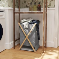 HOMCOM Cesto Portabiancheria Pieghevole 55L in Tessuto e Telaio in Bambù, Legno e Grigio(m-10)