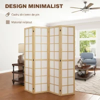 HOMCOM Paravan de interior cu 4 panouri pliabil din lemn și țesătură, 160x170 cm, culoare lemn și alb(m-4)