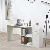 HOMCOM Bureau d'angle rotatif à 180°, bureau d'ordinateur, bibliothèque, tiroir, placard, poste de travail, 117x82x74cm, blanc(m-10)