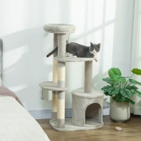 PawHut Krabpaal 114 cm klimtoren met hol, sisalstammen, platform, meerlaagig voor middelgrote katten tot 6 kg, Lichtgrijs(m-2)