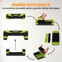 HOMCOM Step de Aeróbic para Fitness Antideslizante con Altura Regulable 3 Niveles 10/15/20 cm Carga 150 kg 80x31x20 cm Verde(m-5)