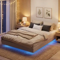 HOMCOM Pat Flotant 160 x 200 cm cu Iluminare LED Inteligentă, Cadru de Pat Dublu Tapițat în Țesătură cu Aspect de In, Montaj Ușor, Bej(m-6)