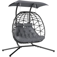 Outsunny Hangstoel, opvouwbare mandstoel met kussen, stalen frame, zonnescherm, tot 260 kg draagbaar, Donkergrijs(m-1)