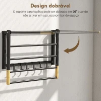 HOMCOM Toalheiro de Parede Dobrável com 5 Barras e 6 Ganchos Suporte para Toalhas para Casa de Banho Dobrável e Compacto 60x32,5x20 cm Preto(m-5)