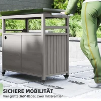 Outsunny Buitenkeukeneiland, Grillwagen met Kast en Rekken, Houten en Roestvrij Stalen Keukenwagen met Wielen, Grijs(m-6)