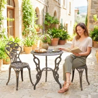 Outsunny Garden Bistro Set with Umbrella Hole, 3 Piece Cast Aluminium Garden Furniture Set, Antique Floral Round Coffee Table and Chairs, Small Balcony Furniture for Outdoor, Patio, Brown Tone(m-7)