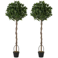Outsunny Realistic Lush Topiary Ball Tree, Artificial Bay Laurel Topiary Trees with Weighted Pot, Set of 2, Green(m-1)