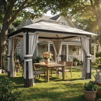 Outsunny 3 x 3.6 m Outdoor Garden Gazebo with Netting and Curtains, Double Roof Patio Gazebo Permanent Pavilion, Light Grey(m-2)