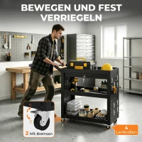 HOMCOM Gereedschapswagen met afsluitbare wielen, rollende werkplaatswagen met 3 niveaus, lade en perforatieplaten, Zwart(m-6)