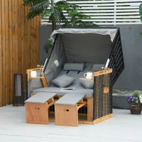 Outsunny strandstoel met dak rotan look klaptafel lichtgrijs 118 x 79 x 150 cm(m-2)