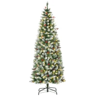 HOMCOM kerstboom 1,8 m kerstboom met 34 rode bessen dennenappels LED verlichting kunstspar 618 takken PVC staal groen + wit Ø65 x 180 cm(m-1)