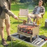 Outsunny Portable BBQ Grill, Charcoal Barbecue Grill with Adjustable Grates, Foldable Legs, Side Shelf for Camping Travel, Khaki(m-10)