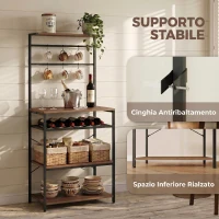 HOMCOM Scaffale Cucina a 5 Livelli Stile Industriale con 6 Ganci e Portabottiglie, Noce(m-6)