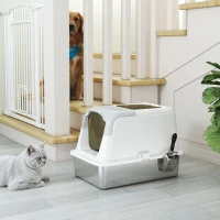 PawHut Kattenbak, kattenbox met deksel, kattenbakschep, vooringang en bovenuitgang roestvrijstaal tot 15 kg(m-9)