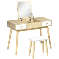 HOMCOM Ensemble de coiffeuse avec tabouret miroir rabattable style scandinave 2 tiroirs 100 x 45 x 118 cm naturel et blanc(m-12)