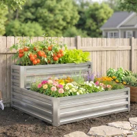 Outsunny Caixa de Cultivo de 2 Níveis em Aço Galvanizado com Design em Escada e Fundo Aberto  120x101x58 cm Prata(m-9)