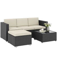 Outsunny Conjunto de Muebles de Ratán de Jardín Sofá de 3 Plazas Taburete y Mesa de Centro con Encimera de Cristal Negro(m-1)