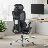 HOMCOM Bureaustoel ergonomisch met verstelbare lenden- en hoofdsteun, 6D-opklapbare armleuningen, voetensteun, mesh, zwart(m-2)