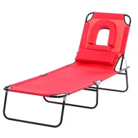 Outsunny Folding Sun Lounger with Face Hole, 4-Position Adjustable Backrest Garden Recliner Chair Sunbed, Outdoor Lounge Chair with 600 D Oxford Cloth Seat, Pillow for Beach, Red(m-11)